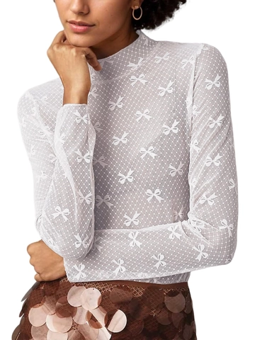 Women Sexy See-Through Mesh Lace Top Long Sleeve High Neck Bowknot Pattern Slim Fit Base Layer T-Shirt