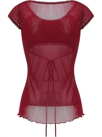 Damen Sexy Netz Spitze Oberteil Süß Retro Transparent Kordelzug Schleife Bluse Kurzarm Wellenkante Slim Fit Streetwear