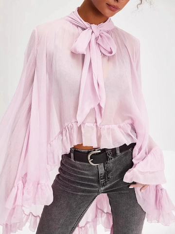 Women Sexy See-Through Chiffon Blouse Ruffle Flare Sleeve Tie Neck Summer Fashion Solid Color Long Sleeve Sheer Top