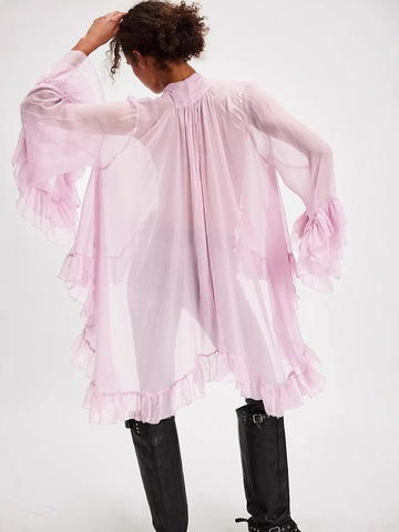 Women Sexy See-Through Chiffon Blouse Ruffle Flare Sleeve Tie Neck Summer Fashion Solid Color Long Sleeve Sheer Top