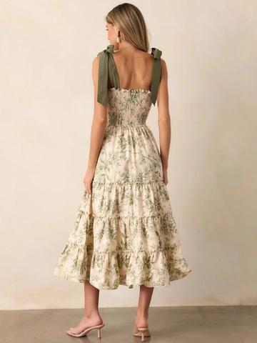 Damen Französisches Blumen Gesmoktes Maxi Kleid Grün Träger Sommer Strand Urlaub Gestuftes Midi Kleid Für Damen Mode Lässig