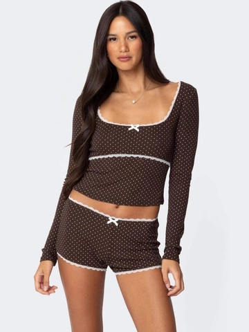 Polka Dot Print Pajama Set For Women Long Sleeve Crop Top And Shorts With Lace Trim Bow Decoration Top And Bottom Loungewear