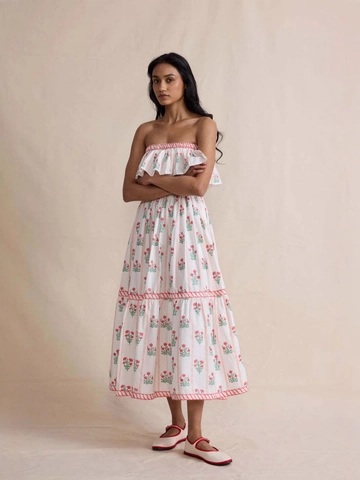 Abito Maxi da Donna Senza Spalline con Stampa Floreale a Vita Alta Smock a Balze Boho Senza Maniche Estivo Bianco