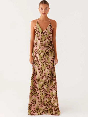 Leopard Print Halter Backless Maxi Dress Cowl Neck Satin Sexy Street Sleeveless Long Party Dress For Women Sundress