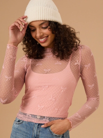 Dames Strikpatroon Mesh Lange Mouwen T-Shirt Tweedelige Set Doorschijnend Slanke Pasvorm Col Basislaag Top Voor Mode