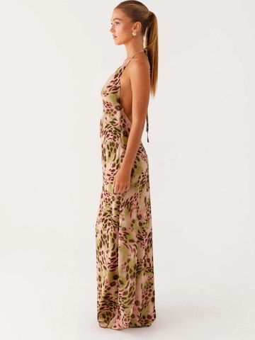 Leopard Print Halter Backless Maxi Dress Cowl Neck Satin Sexy Street Sleeveless Long Party Dress For Women Sundress