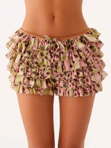 Women Sexy Multi Layered Tiered Mini Skirt Polyester Tropical Floral Leopard Print Ruffle Hem Skort Fashion Bottom Top And Bottom