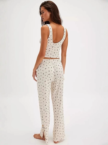 Women's Floral Print V-Neck Pajama Set Sexy Lace Loungewear Top And Bottom Comfortable Sleeveless Sleepwear For Home
