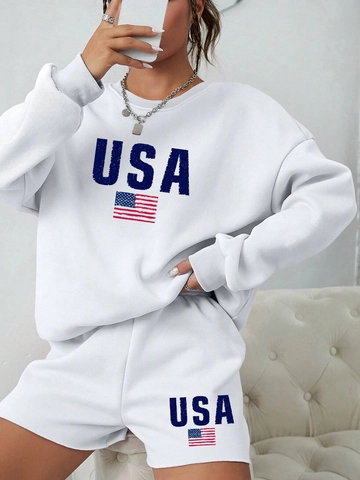 Women's Two Piece Sweatshirt And Shorts Set USA Letter Print American Flag Pattern Round Neck Long Sleeve Loose Tracksuit