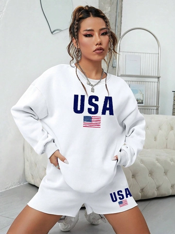 Women's Two Piece Sweatshirt And Shorts Set USA Letter Print American Flag Pattern Round Neck Long Sleeve Loose Tracksuit