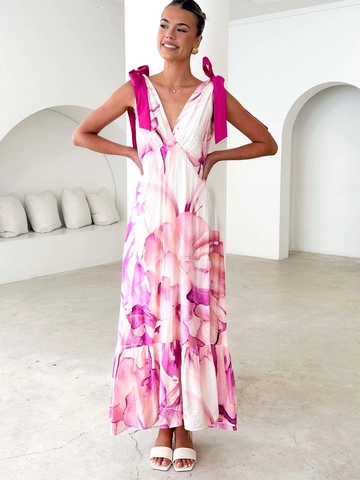 Vestito Maxi Donna Scollo a V Floreale Senza Maniche Schiena Scoperta Bordo a Volant Fiocco Spalla Elegante Abito Lungo Estivo