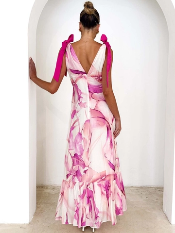 Vestito Maxi Donna Scollo a V Floreale Senza Maniche Schiena Scoperta Bordo a Volant Fiocco Spalla Elegante Abito Lungo Estivo