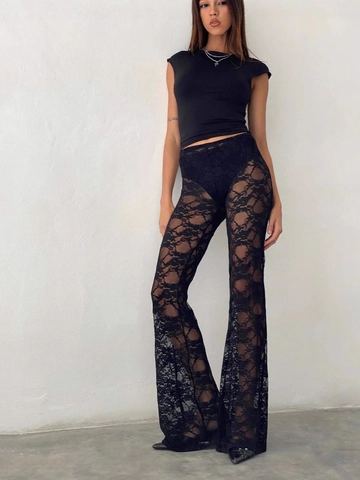 Pantalón Acampanado Sexy de Encaje Negro para Mujer Hueco Floral Transparente Cintura Alta Ajustado Pantalones para Fiesta y Club
