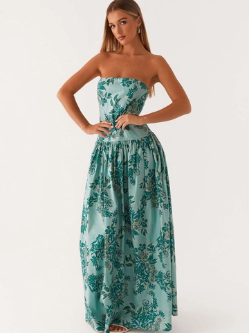 Damen Boho Trägerlos Maxikleid Vintage Blumen Punktemuster Tube Top Langes Kleid Sommerurlaub Strand Rückenfrei Sommerkleid