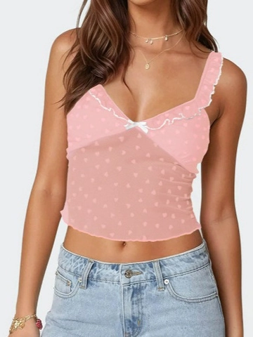 Top a Canotta da Donna Sexy con Stampa a Cuore in Mesh e Bordo in Pizzo Scollo a V con Fiocco Cropped Slim Fit Stile Y2K Hot Girl Moda Estiva