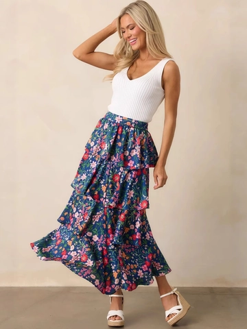 Women's Navy Blue Floral Print Tiered Maxi Skirt Summer Elastic High Waist Layered Cake Skirt Bohemian Casual Beach Skirt