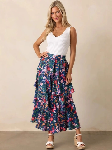 Women's Navy Blue Floral Print Tiered Maxi Skirt Summer Elastic High Waist Layered Cake Skirt Bohemian Casual Beach Skirt