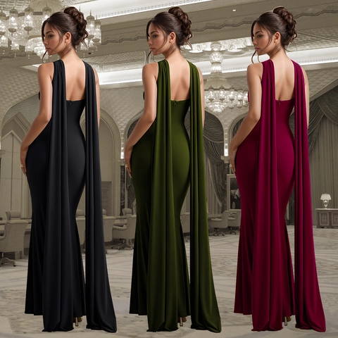 Women Elegant Halter Keyhole Evening Gown With Long Cape Streamers Solid Color Slim Fit Floor Length Party Maxi Dress