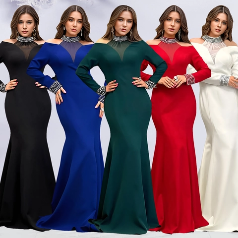 Elegant Women Long Sleeve Mermaid Evening Dress With Mesh Splicing Rhinestone Collar Slim Fit Solid Floor Length Maxi Gown