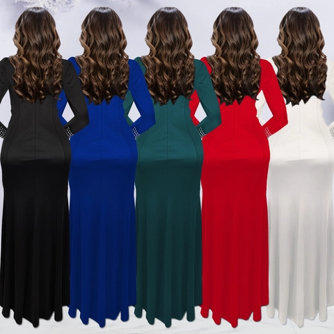 Elegant Women Long Sleeve Mermaid Evening Dress With Mesh Splicing Rhinestone Collar Slim Fit Solid Floor Length Maxi Gown