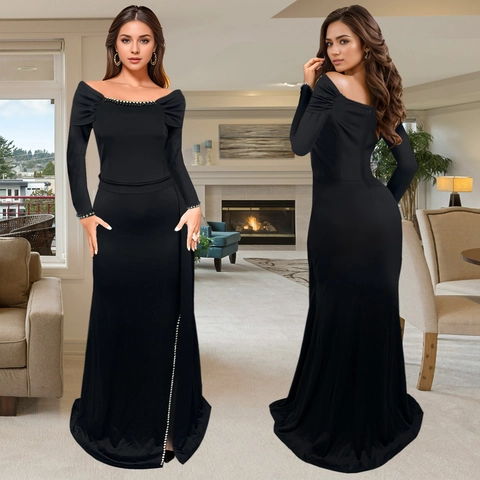 Damen Elegant Schulterfrei Langarm Abendkleid Hoher Schlitz Strass Bodycon Maxi Kleid Formelle Party Kleidung