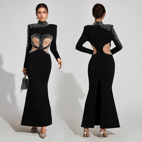 Elegante Vestito Lungo Nero a Maniche Lunghe Formale Festa Serale Aderente a Sirena Con Künstliche Perle Patchwork in Rete Gown