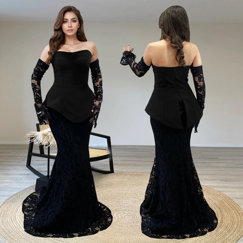 Elegante Top Peplum a Fascia in Pizzo Nero da Donna E Gonna Lunga a Sirena Con Maniche Rimovibili per Festa a Banchetto