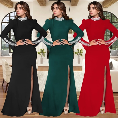 Elegantes Damen Strass Stehkragen Langarm Meerjungfrau Abendkleid Hoher Schlitz Maxi Partykleid Slim Fit Bankettkleid