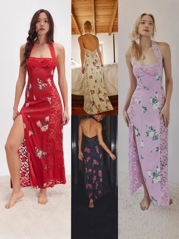 Women Sexy Floral Print Halter Backless Maxi Dress Lace Patchwork Hollow Out High Slit Slim Fit Mesh Long Dress Party Wear