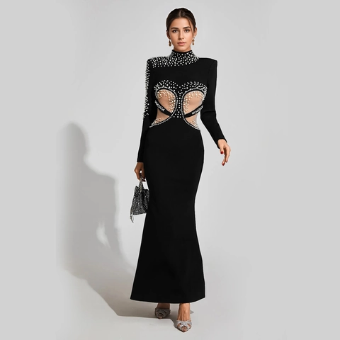 Elegante Vestito Lungo Nero a Maniche Lunghe Formale Festa Serale Aderente a Sirena Con Künstliche Perle Patchwork in Rete Gown
