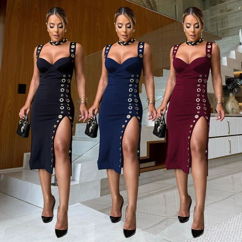 Vestito Midi Aderente Elegante da Donna Decorazione Occhielli Metallici Scollo a Cuore Sexy Spacco Laterale Vestito da Sera per Feste