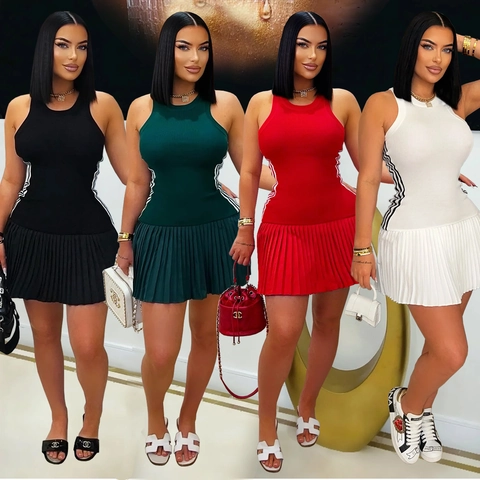 Women's Sports Fashion Sleeveless Pleated Dress Slim Fit Side Stripe Mini Tank Dress For Tennis Casual Summer Activewear