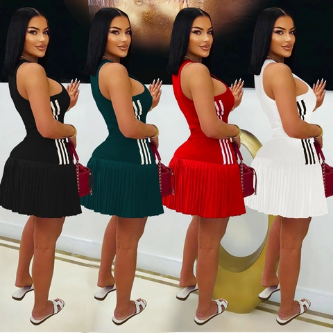 Women's Sports Fashion Sleeveless Pleated Dress Slim Fit Side Stripe Mini Tank Dress For Tennis Casual Summer Activewear