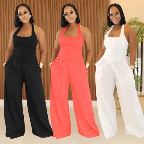 Women Fashion Halter Neck Backless Jumpsuit Solid Color Wide Leg Long Pants Summer Casual Sleeveless One Piece Romper