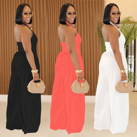 Women Fashion Halter Neck Backless Jumpsuit Solid Color Wide Leg Long Pants Summer Casual Sleeveless One Piece Romper