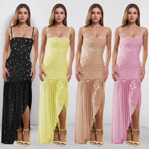 Vestido Maxi de Tirantes Sexy con Diamantes para Mujer Elegante Espalda Descubierta Abertura Alta Bodycon Vestido de Fiesta