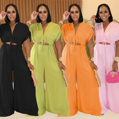 Tuta Intera da Donna Casual Tinta Unita Scollo a V Vita Cut-Out Coulisse Gamba Larga Manica Corta Moda Estate Vacanza