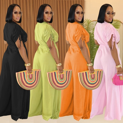 Tuta Intera da Donna Casual Tinta Unita Scollo a V Vita Cut-Out Coulisse Gamba Larga Manica Corta Moda Estate Vacanza