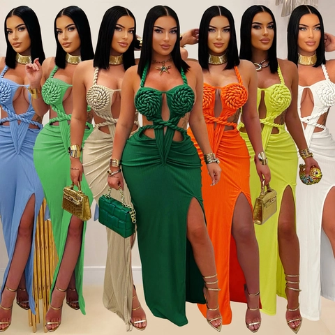 Robe Longue Sexy Dos Nu Ajourée en Tricot pour Femme Couleur Unie Fente Haute Élégante Soirée Moulante