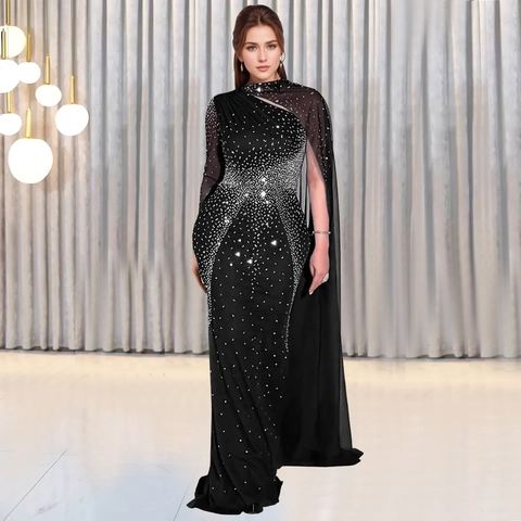 Abito da Sera Elegante Nero con Strass da Donna Manica a Mantella in Rete Abito Maxi a Sirena Aderente per Festa Formale Banchetto di Nozze