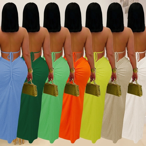 Robe Longue Sexy Dos Nu Ajourée en Tricot pour Femme Couleur Unie Fente Haute Élégante Soirée Moulante