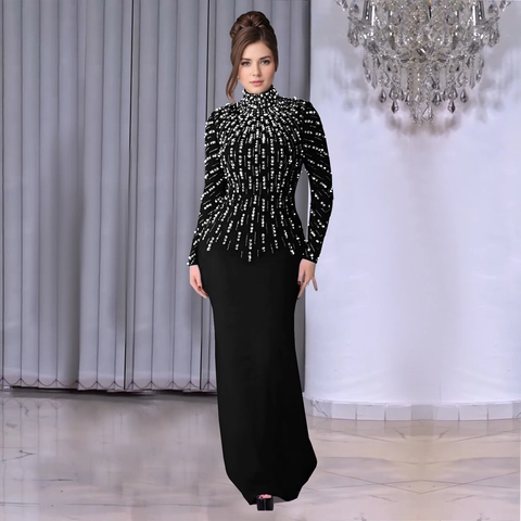 Robe de Soirée Noire Élégante pour Femme Manches Longues Col Haut Strass Künstliche Perles Perla Artificialge Coupe Ajustée Robe de Banquet de Fête Formelle