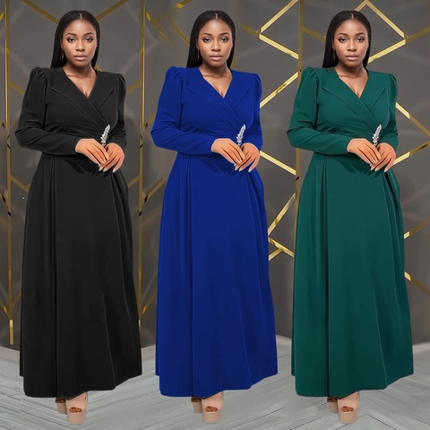 Elegant Women V Neck Long Sleeve Maxi Dress With Waist Rhinestone High Waist Solid Color Formal Evening Party Wrap Dress