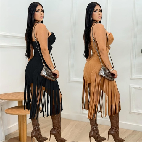 Sexy Dames Suède Strapless Franje Mini Jurk Tube Top Rugloos Kwastje Bodycon Jurk Met Metalen Gesp Westerse Feestkleding