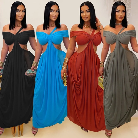 Women's Sexy Halter Cut-out Maxi Dress Mesh Patchwork Bodycon Long Party Dress Elegant Ruched Night Out Evening Gown