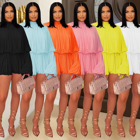 Γυναικείο Κομψό Πλισέ Playsuit Ψηλός Λαιμός Μανίκι Καμπάνα Μονόχρωμο Μόδα Casual Κοντό Jumpsuit για Καλοκαιρινό Πάρτι