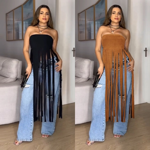 Damen Mode Wildlederimitat Fransen Bandeau Top Trägerlos Einfarbig Lange Quaste Weste Streetwear Bohemien Sexy Party Top