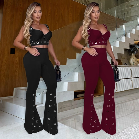 Women Sleeveless Crop Top And High Waist Flared Pants Outfit With Metal Eyelet Detail Slim Fit Casual Two Piece Streetwear
