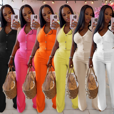 Women Casual Halter V-Neck Backless Tie-Up Top And High Waist Wide Leg Pants Ribbed Solid Color Two-Piece Outfit