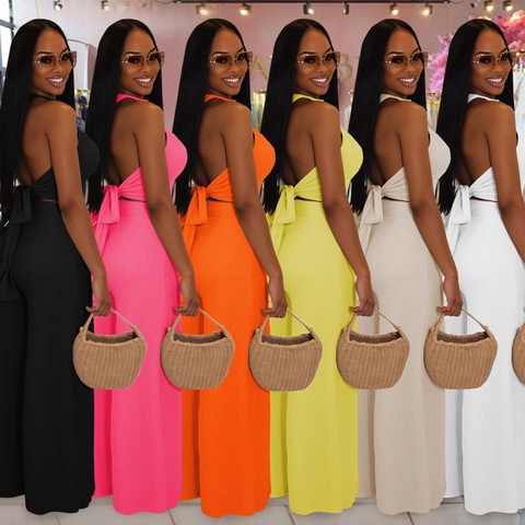 Women Casual Halter V-Neck Backless Tie-Up Top And High Waist Wide Leg Pants Ribbed Solid Color Two-Piece Outfit